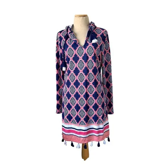 Cabana Life Women's  Sz S Hooded Tunic Cover-Up Dress Navy Pink Print W/ Tassels - Picture 12 of 12